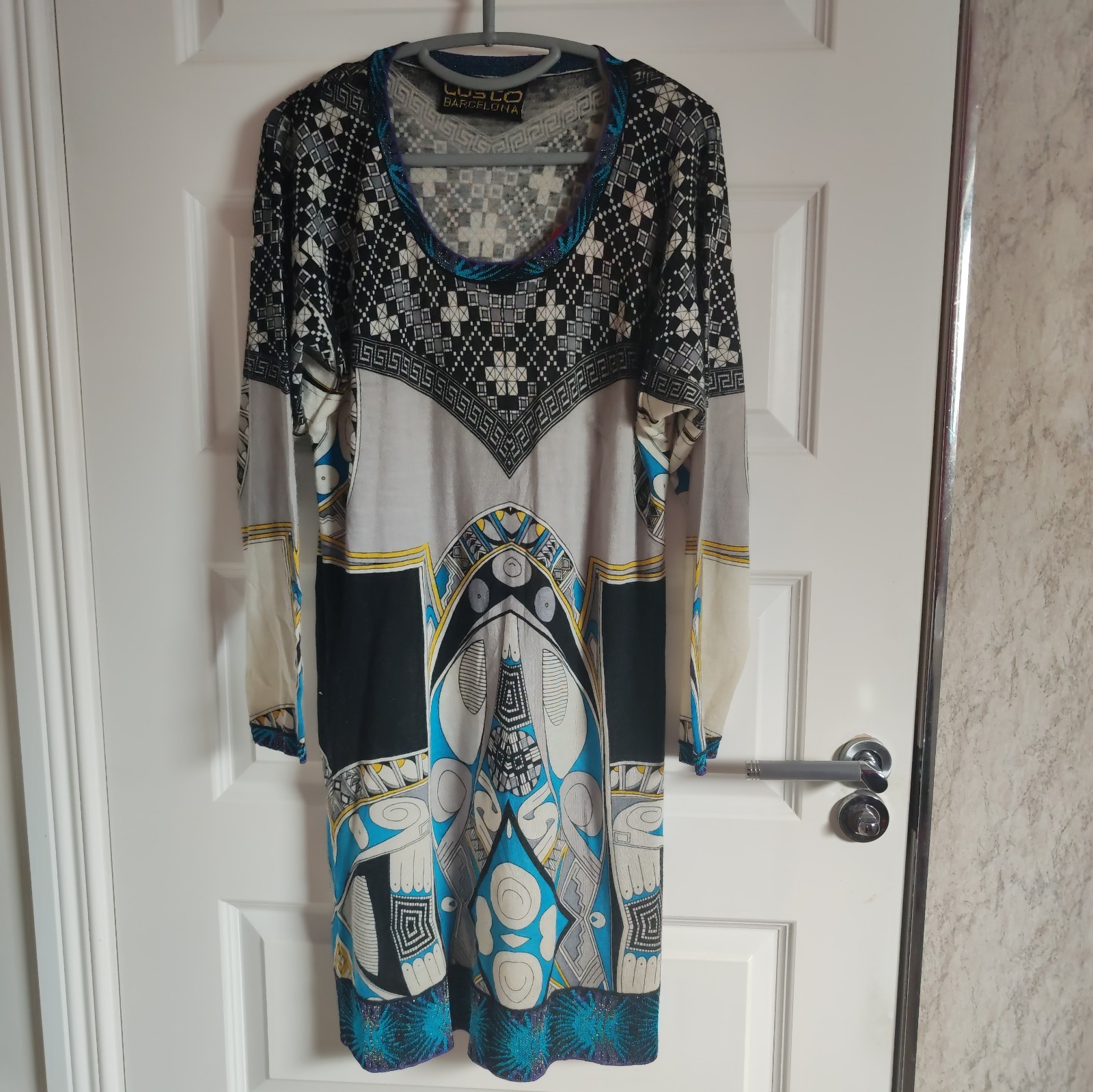 Custo Barcelona Blue Black Graphic Print Mini Dress Tunic Size XL STAIN