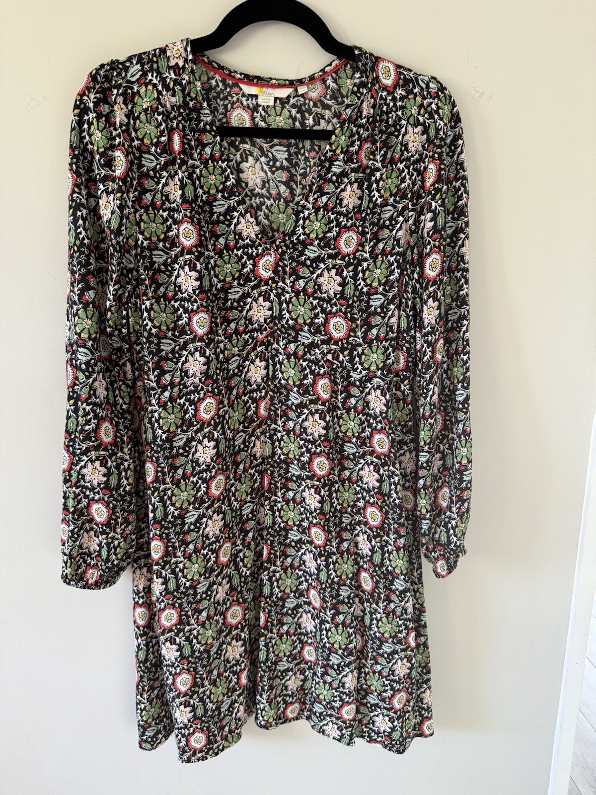 Boden Floral Mini Knee Dress (black Red Green) Size US 8R Twill Empire Pockets