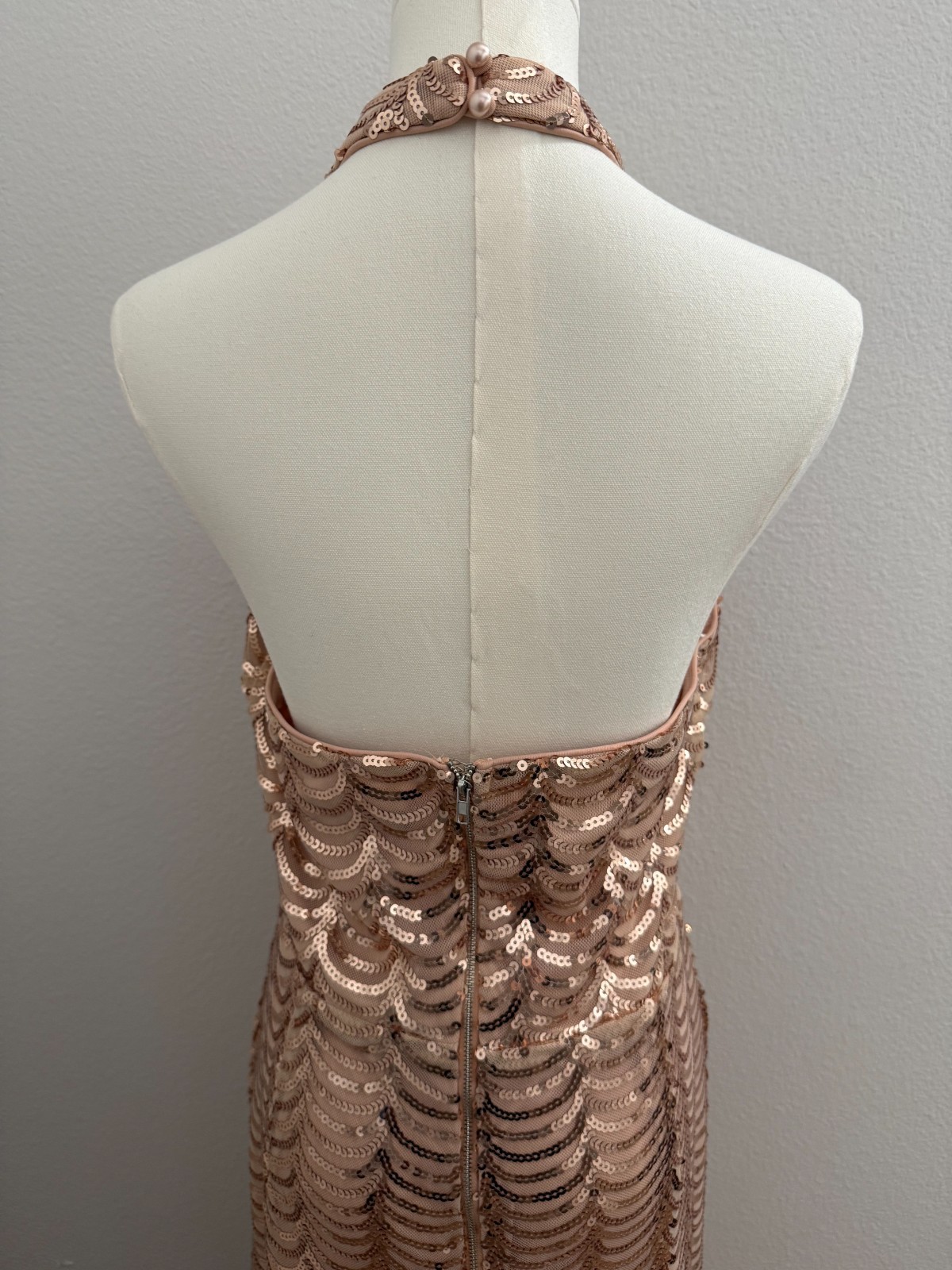 Lulus L Rose Gold Sequin Halter Maxi Dress Slit Formal Party Gala Wedding Guest