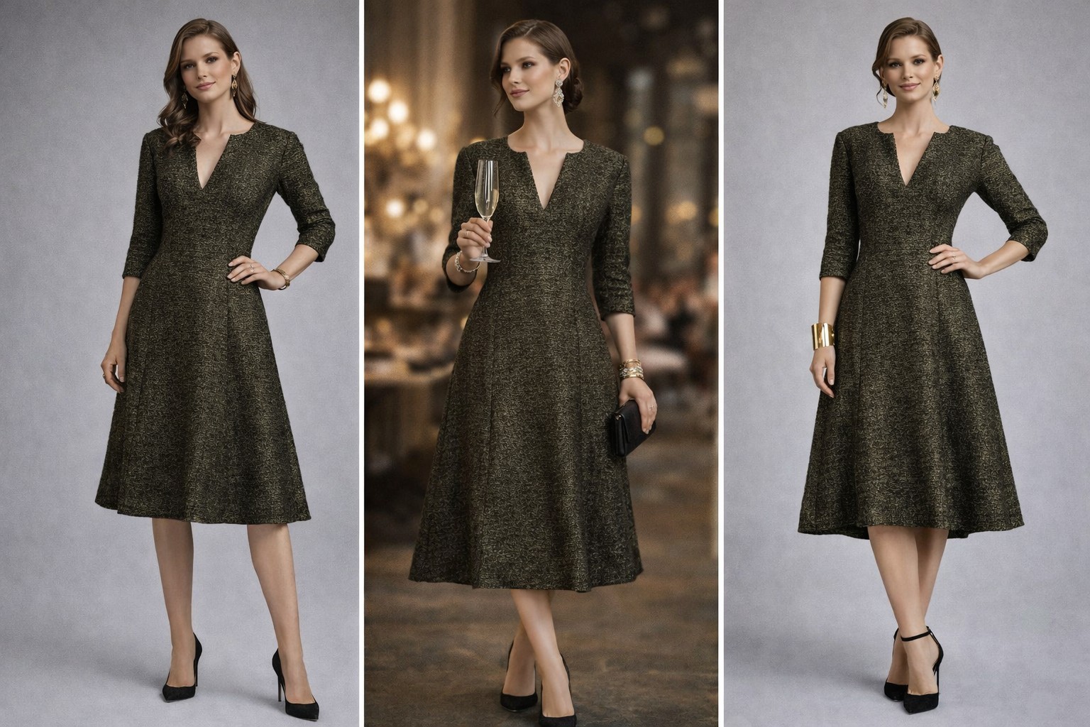 Rubin Singer Designer Metallic Olive Bronze Wool Blend Dress SZ 12 Neiman Marcus
