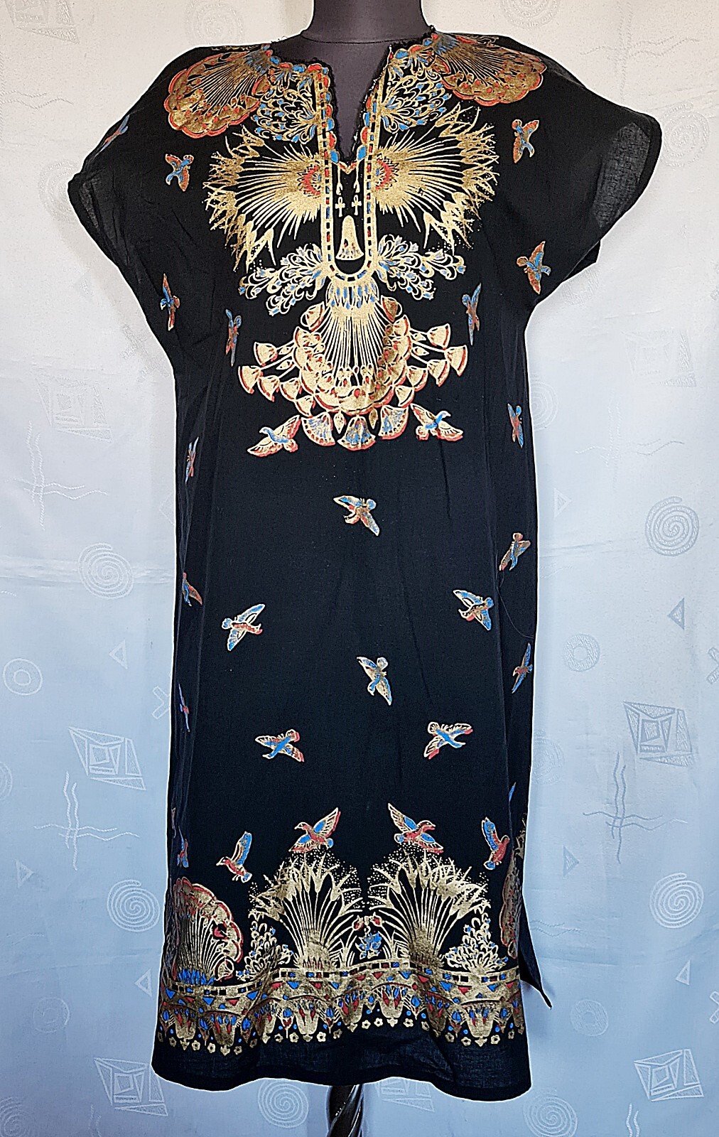 DRESS VINTAGE AUTHENTIC EGYPT LOTUS ANKH CROSS KEY OF LIFE ART DECO WOMENS 8 36