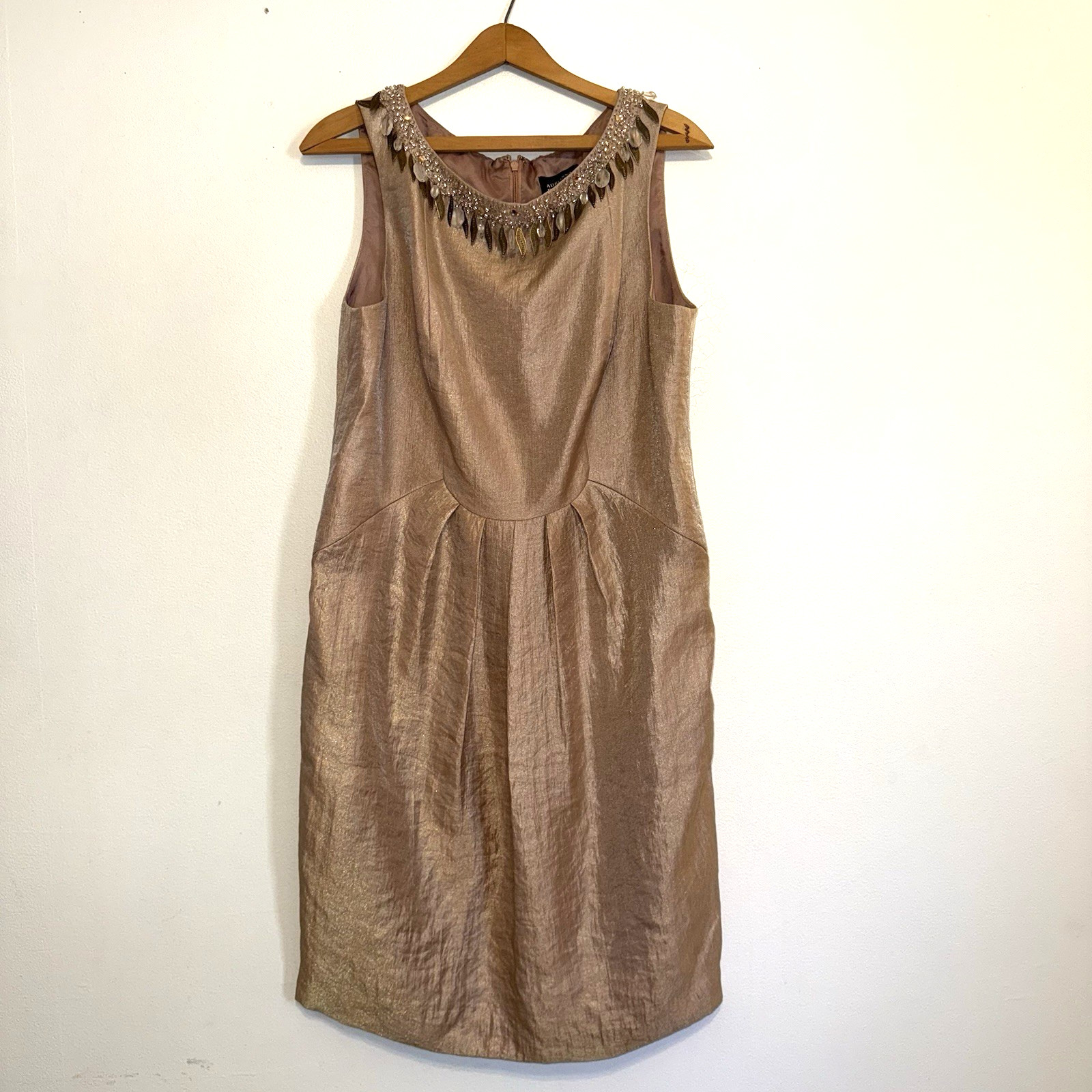 Adrianna Papell Taupe Cocktail Dress Size 14 Embellished Neckline Pleated Front