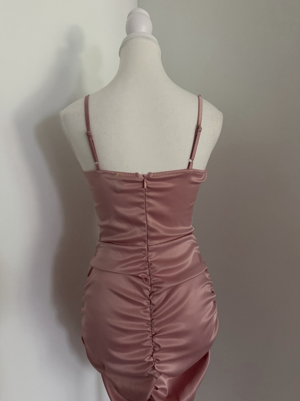 Pink Solid Satin Sweetheart Ruched Bodycon Mini Dress Zip Size S