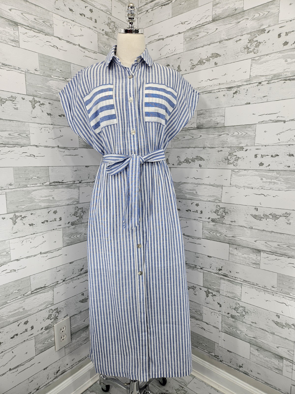 Molly Bracken Women’s Small Striped Midi dress Chest Pockets Belted