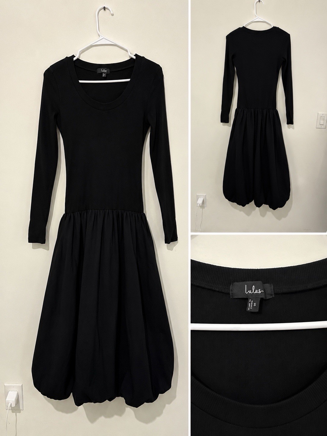 Lulus Black Solid Knit Fit & Flare Dress Scoop Neck Long Sleeve Knee Length S