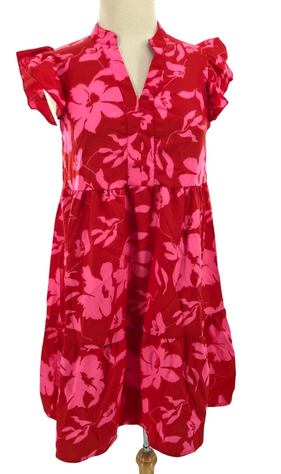 Ruffle Cap Sleeve Mock Split V-Neck Bright Floral Tiered Tropical Mini Dress