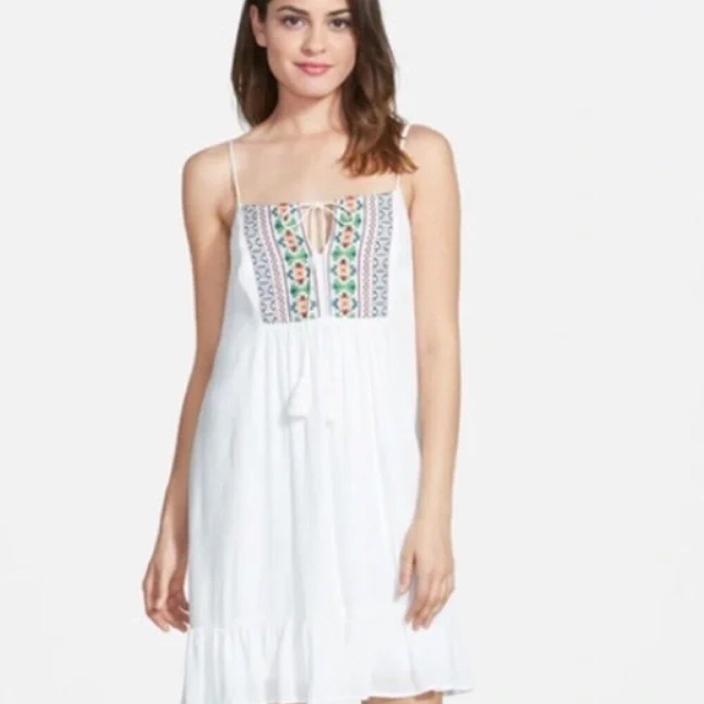 Way-In Dress Womens size Large embroidered Sleeveless  Boho tassels white New
