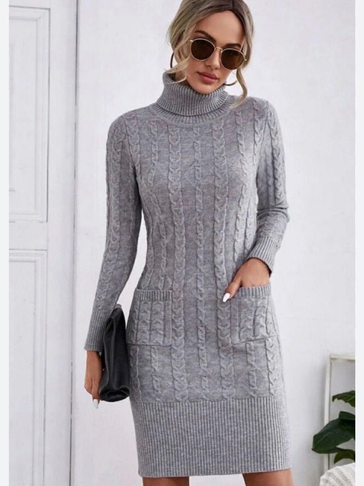 Gray Cable Knit Turtleneck Sweater Dress