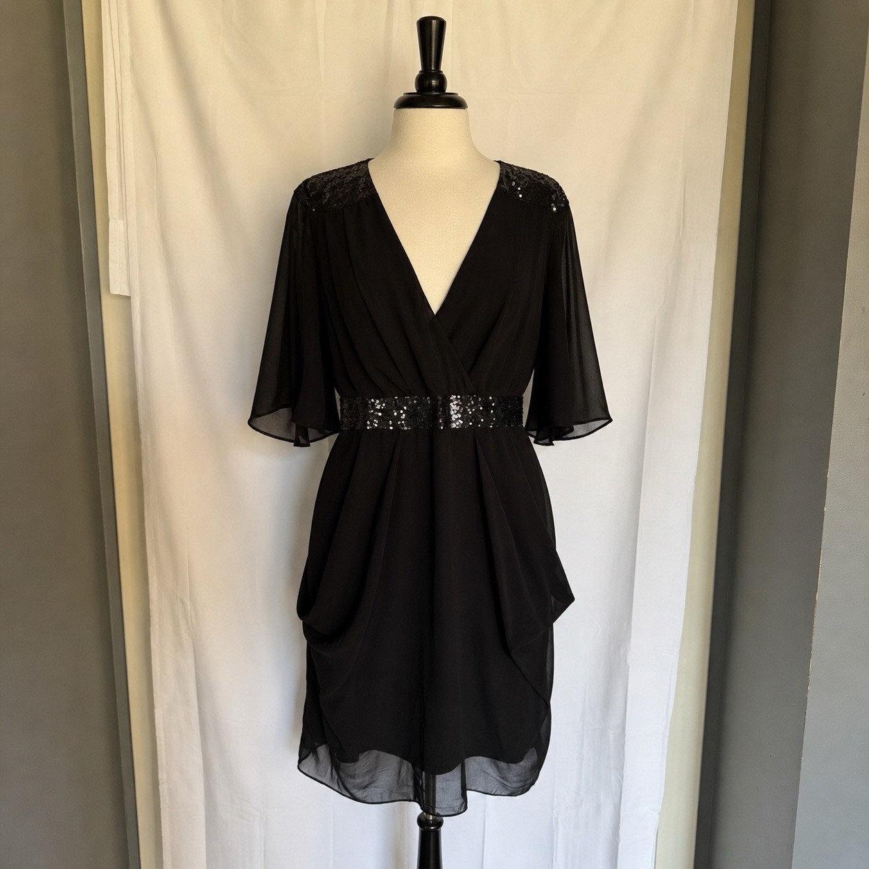 City Chic Black Sequin Wrap Dress S/16 Knee Length Plus Short Flutter Sleeve