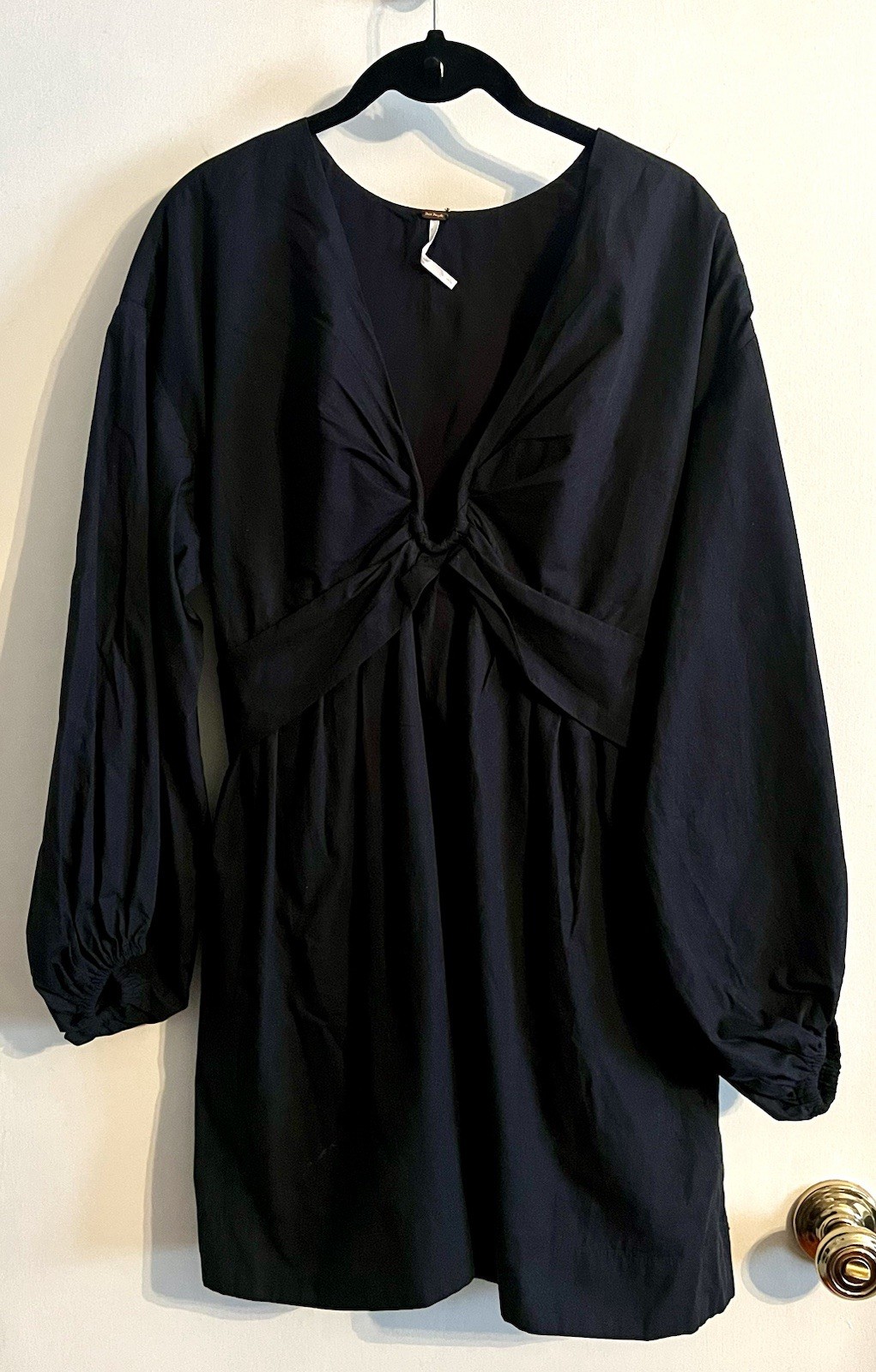 Free People Black Long Sleeve V-Neck Knot Front Mini A-Line Dress S Cotton