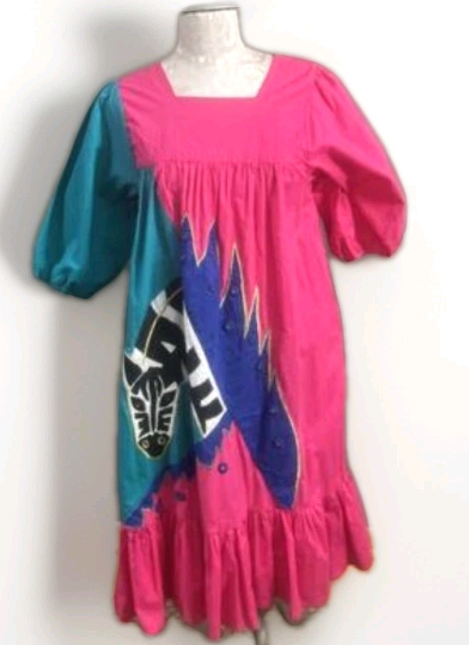 Vintage Raquel Unger Muumuu House Dress Zebra Applique Colorblock XS