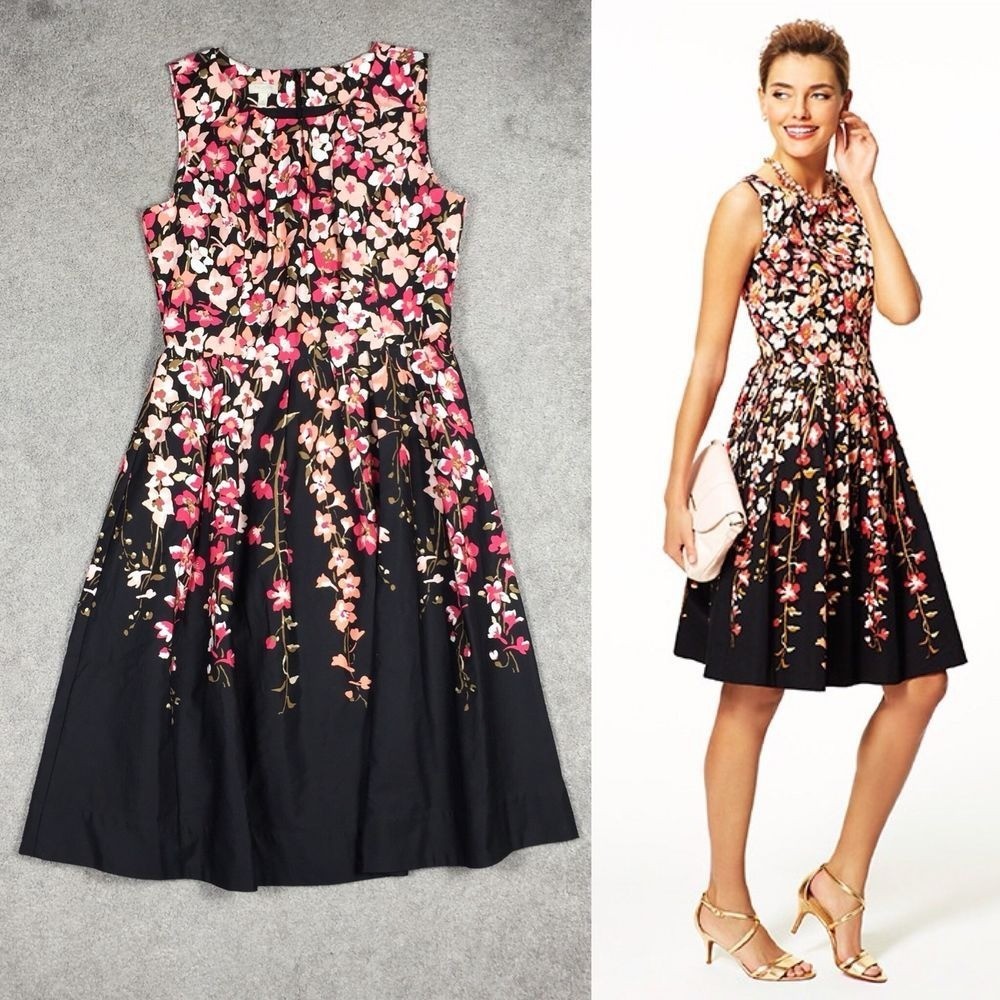Talbots Dress Size 10 Petite Black Pink Floral 100% Cotton Sleeveless Fit Flare