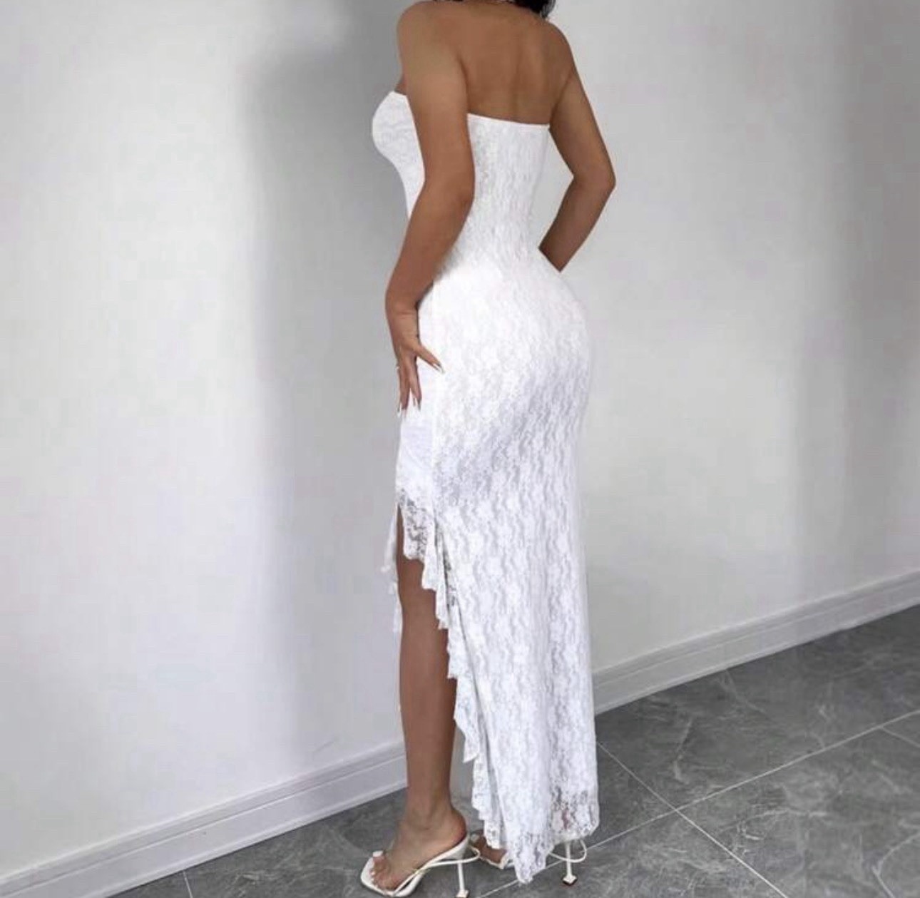 SheIn Women’s White Strapless Lace Maxi Dress Ruffle Hi-Low Hem L