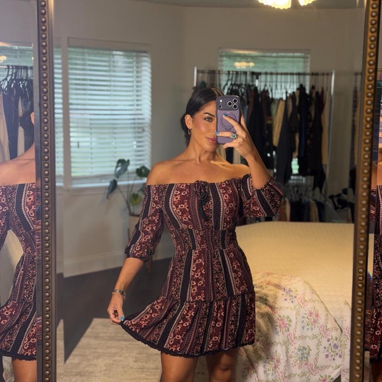 100% Rayon Boho Off Shoulder Floral Mini Dress Festival Cottagecore Size S