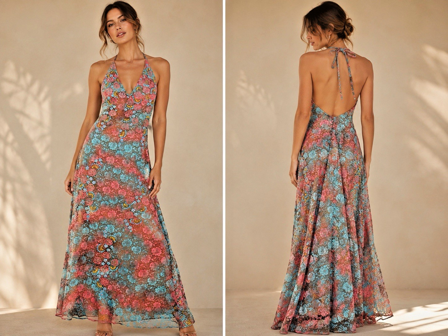 Happy People Lace Beaded Halter Maxi Dress Pink Blue Floral Mesh Sz S Lined NWT
