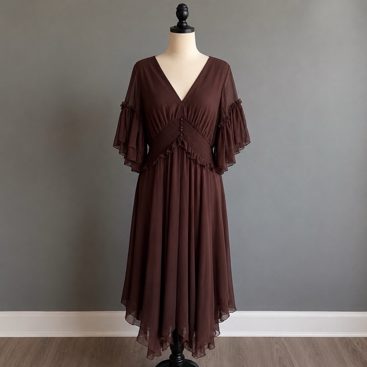 ASOS DESIGN Maternity Flutter Sleeve Midi Dress Chiffon Maroon Burgundy Size 14