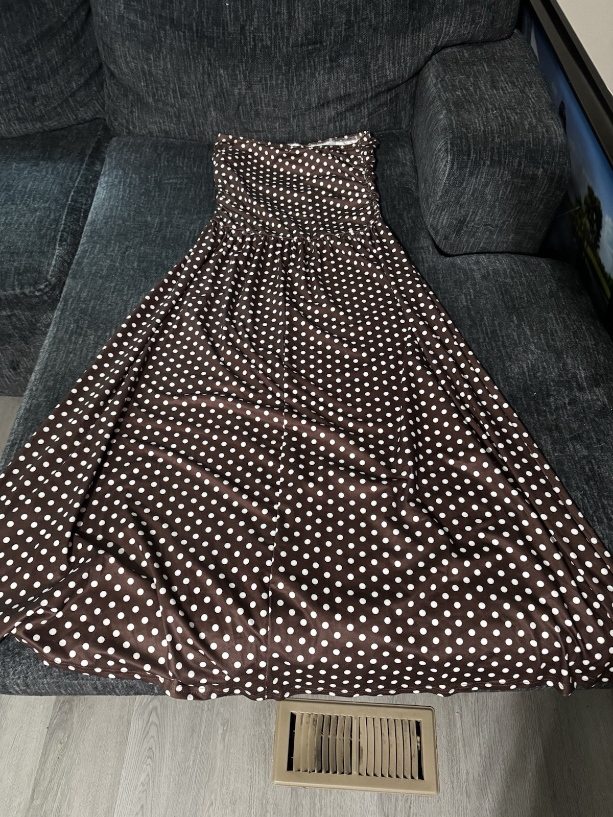 Brown/White Polka Dot Strapless Smocked Maxi Dress Long Size L Chiffon