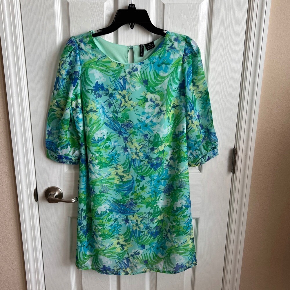 New Directions Petite Floral Print Dress Sheer Sleeve Lightweight PM