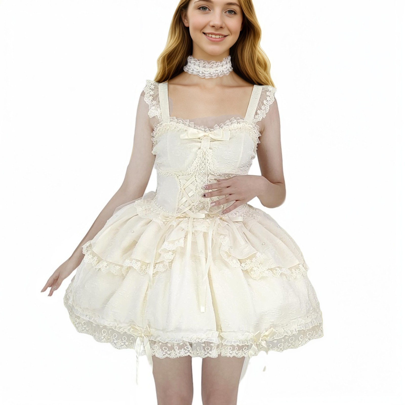 Sweet Lolita Lace Sleeveless Short Dress with Bow Ruffles Kawaii Gothic Princess