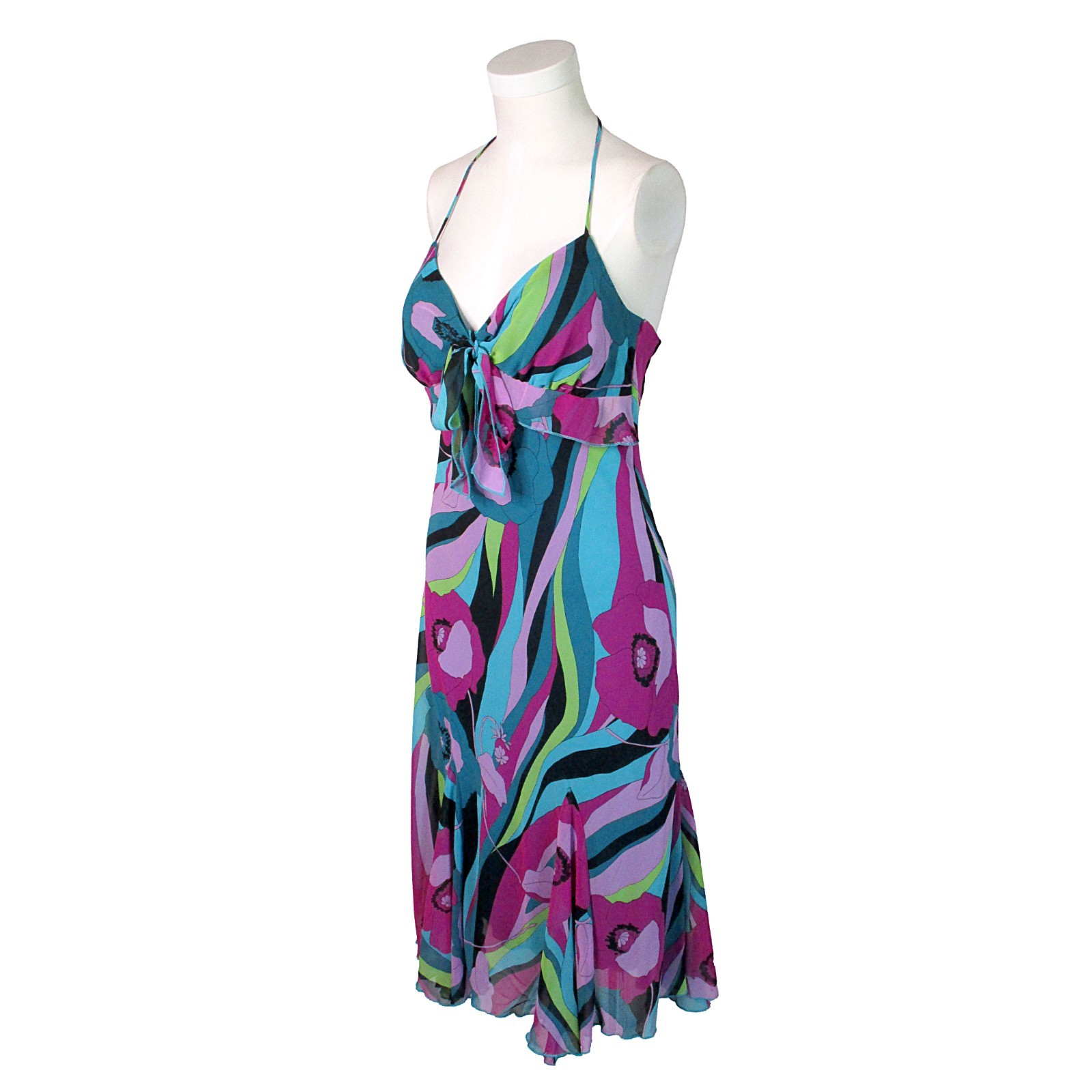 Sz 10 Vintage Y2K 90s Psychedelic Retro Floral Print Purple Halter Dress Bisou