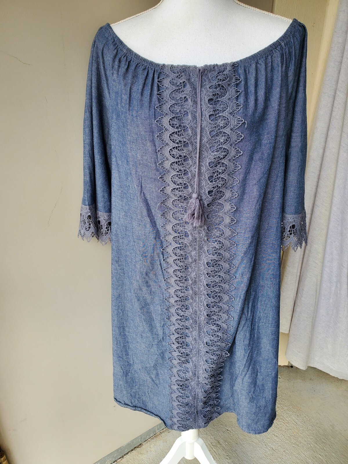 Miles Gabrielle Midi Dress Womens XL Blue Denim Crochet Off The Shoulder Boho
