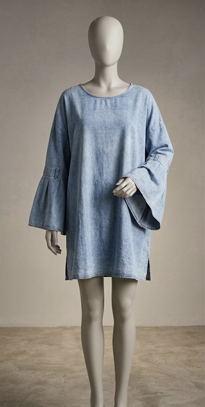 Ursime Denim 4XL Indigo Blue Bell Sleeve Retro Tunic Chambray Acid Wash Dress