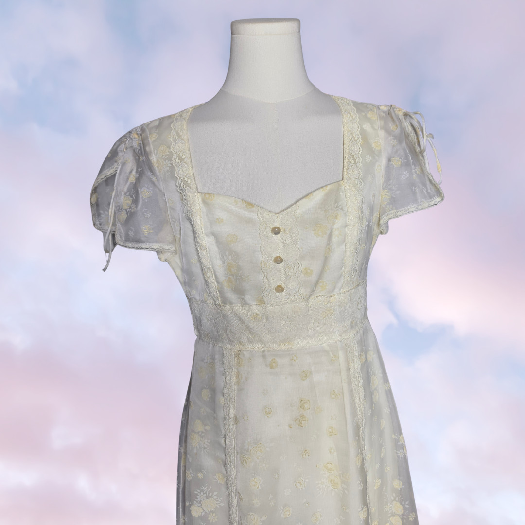 60s 70s Vtg Long Maxi Prairie Cottage Cream Floral Ruching Frill Dress Sz 9 / 10
