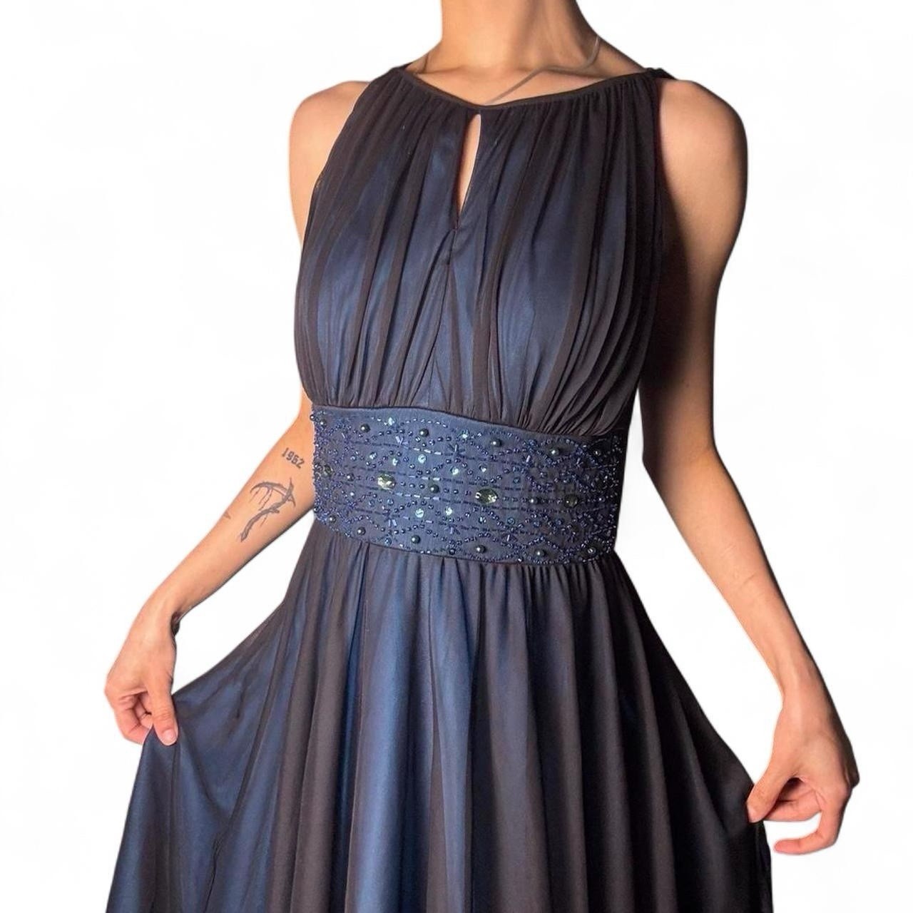 Vintage Jessica Howard Black & Blue Chiffon Dress W Beaded Waist 6P