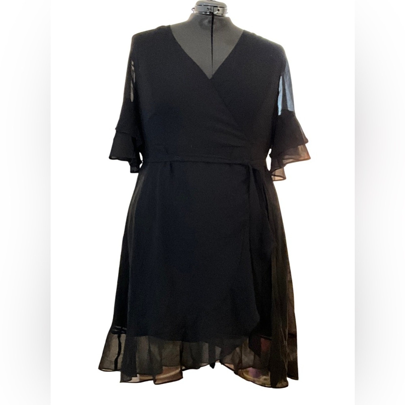 City Chic Wrap LBD Flutter Frill Chiffon Black Dress NWT M 18W Cocktail