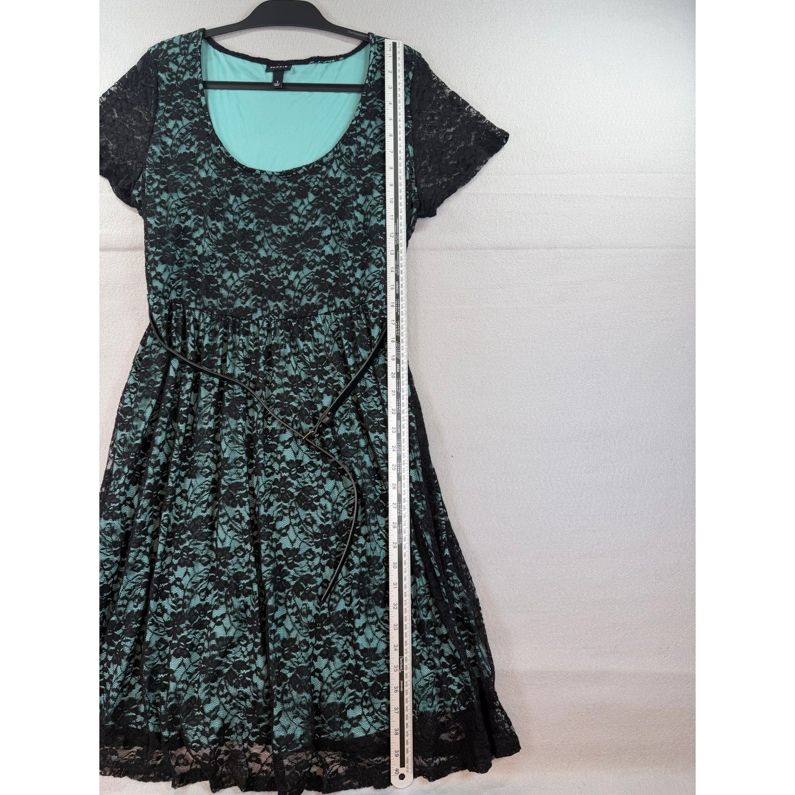 Torrid Black Lace Teal Lining Fit Flare Dress Belted Plus Size 1 XL Short Sleeve