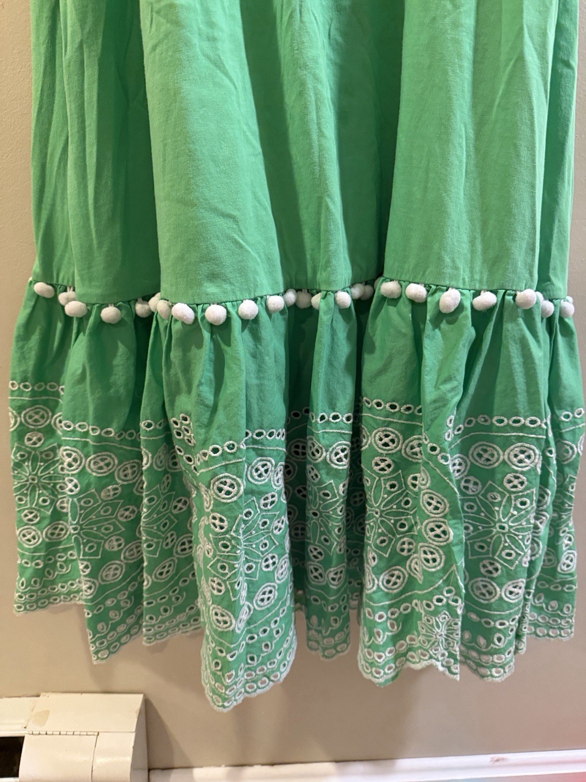 Lilly Pulitzer Green Smocked Square Neck Embroidered Pom-Pom Midi Sundress L