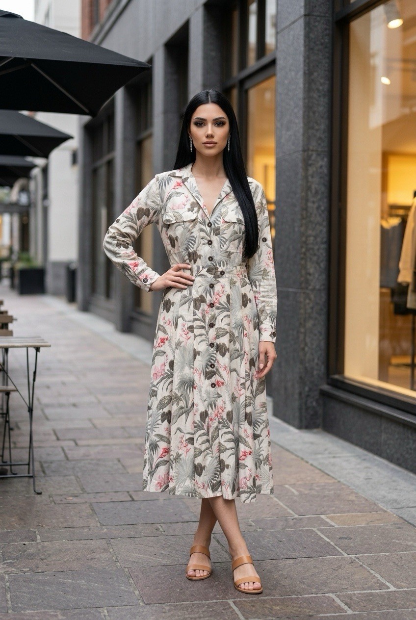 Massimo Dutti Green & Pink Floral Dress EU42, US 10