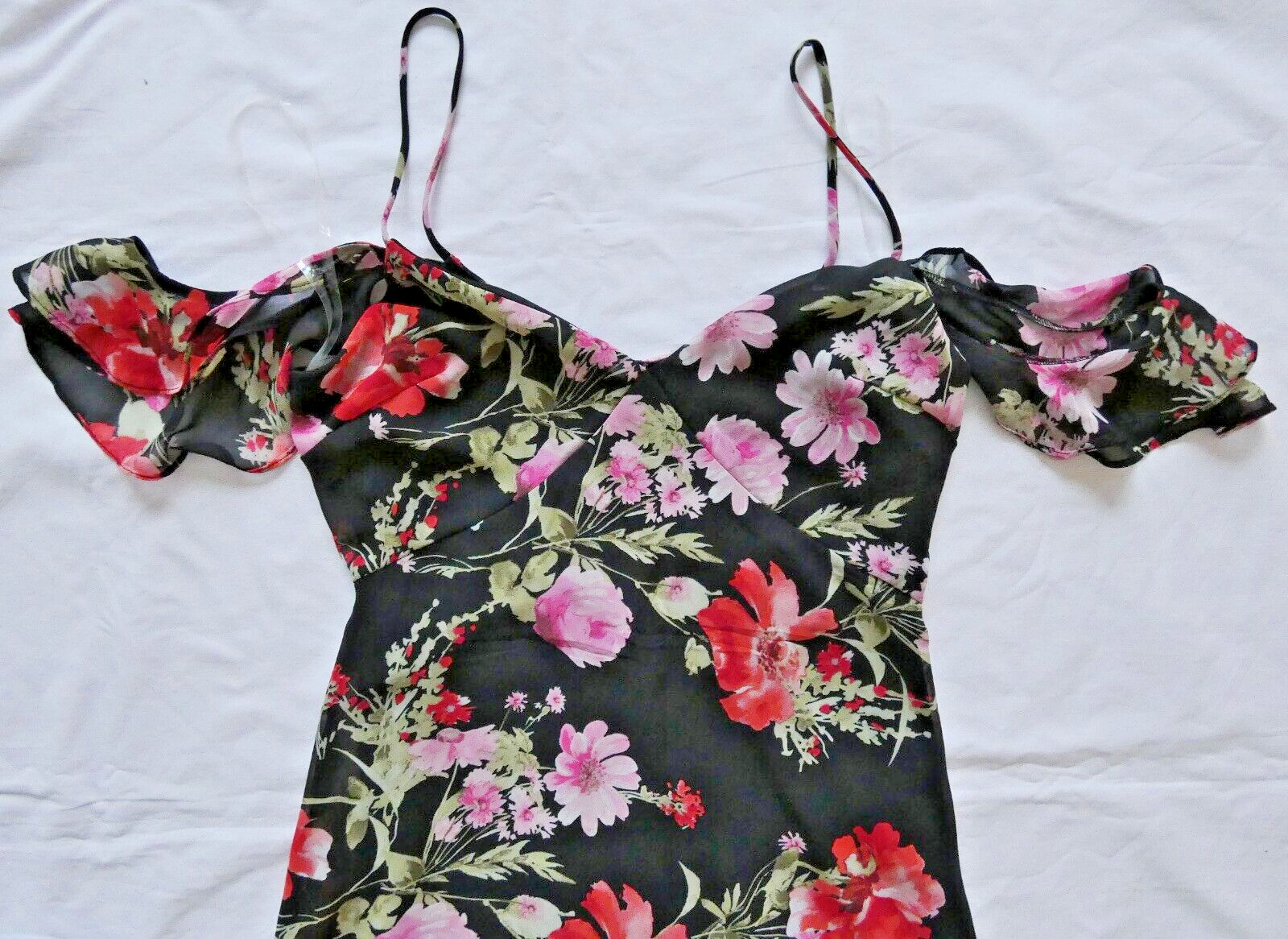 Speechless Ruffled Hem High-Low Maxi Cold Shoulder Dress Black Floral NWT size S