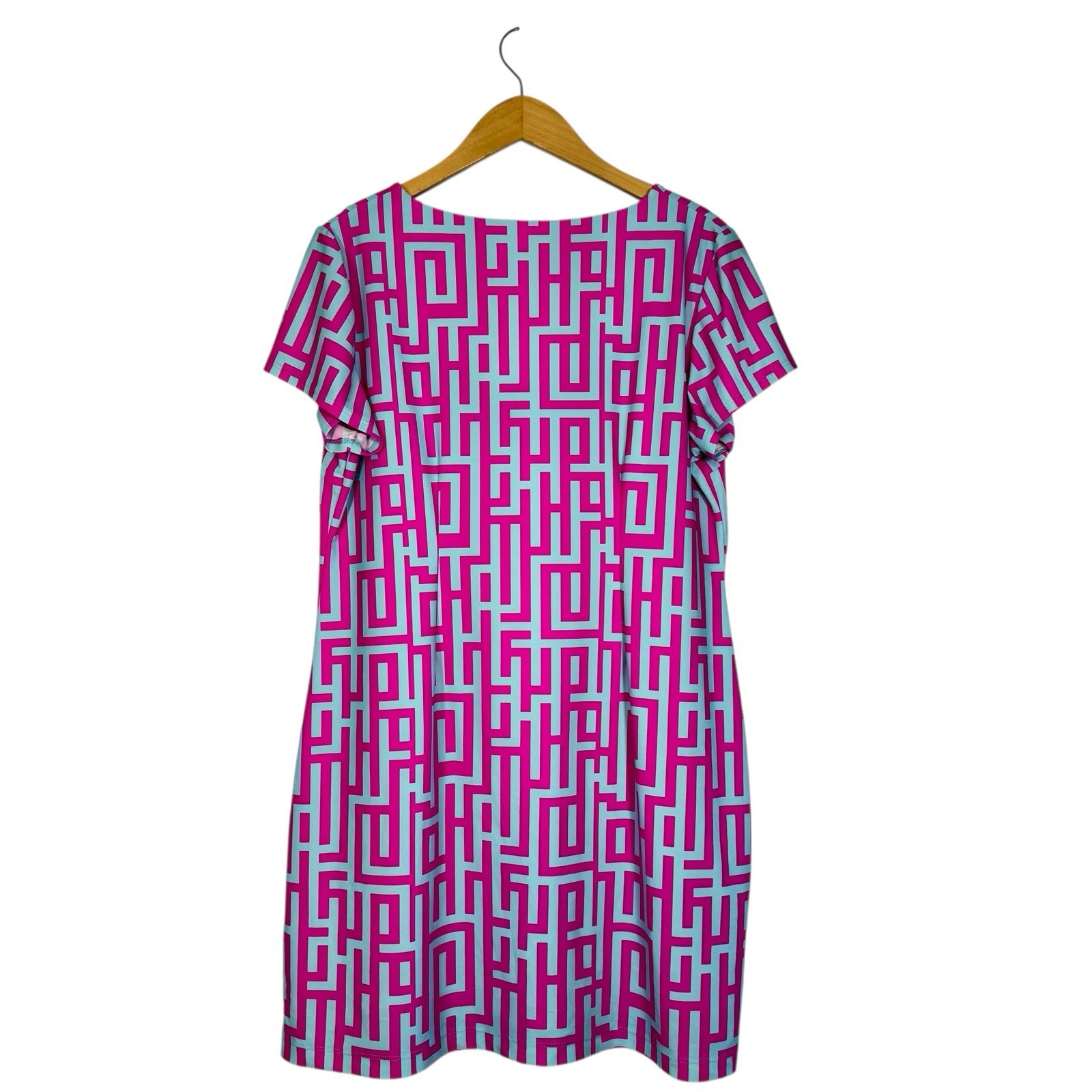 Britt by Britt Ryan Pink Blue Shift Dress Sz LG Nylon/Spandex V Neck Pockets