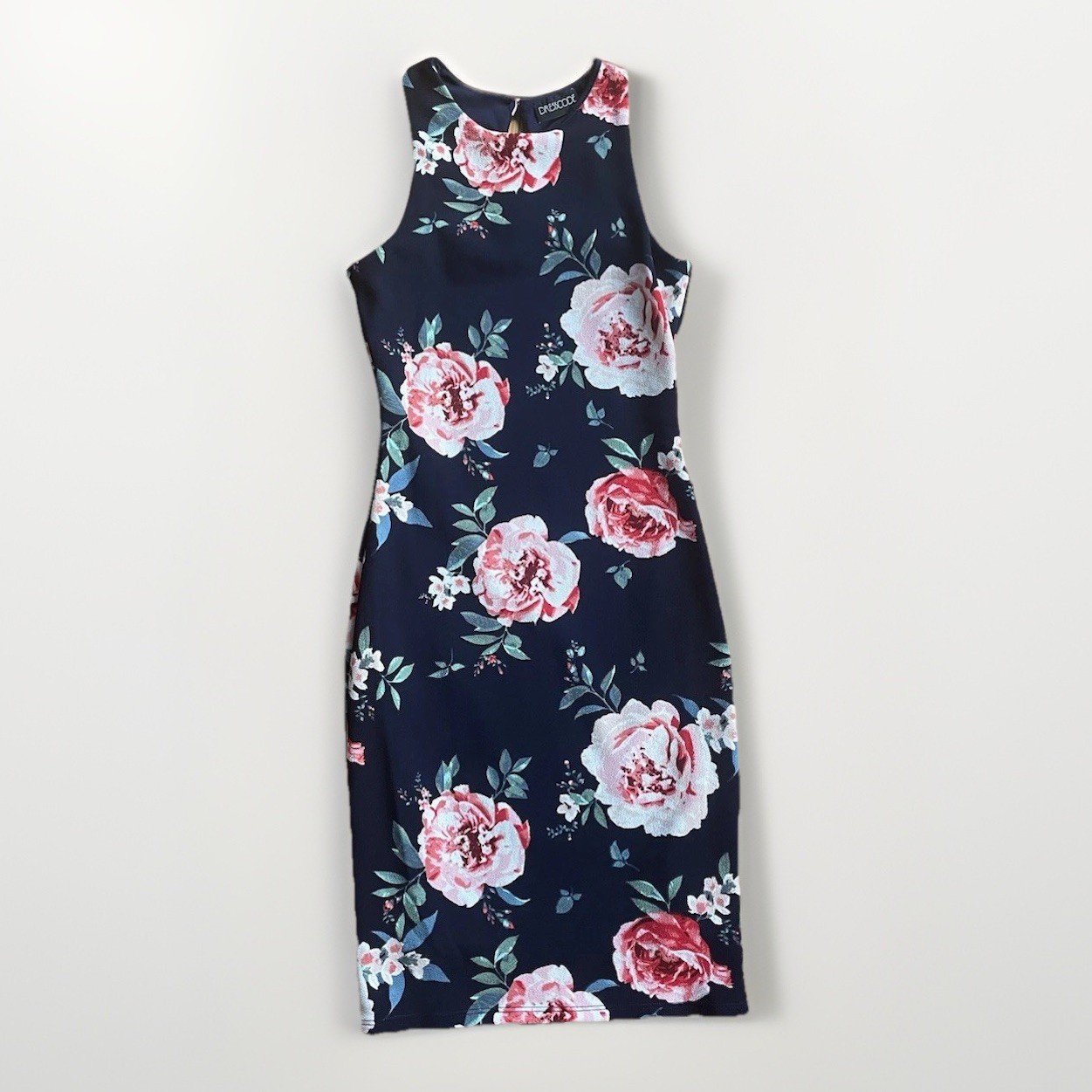 Dresscode LA Navy Floral Dress Rose Print Sleeveless Midi Mad Men–Inspired