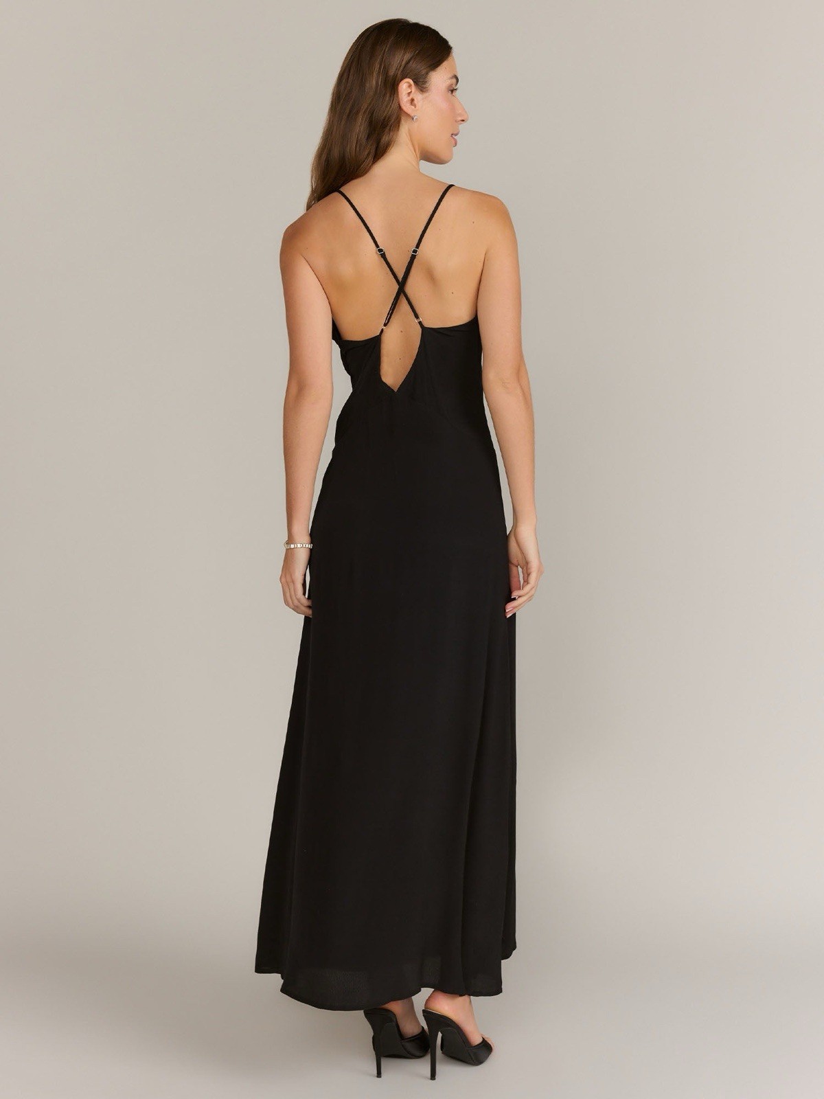 FORE Black Solid V-Neck Adjustable Strappy Open Back Maxi Slip Dress S