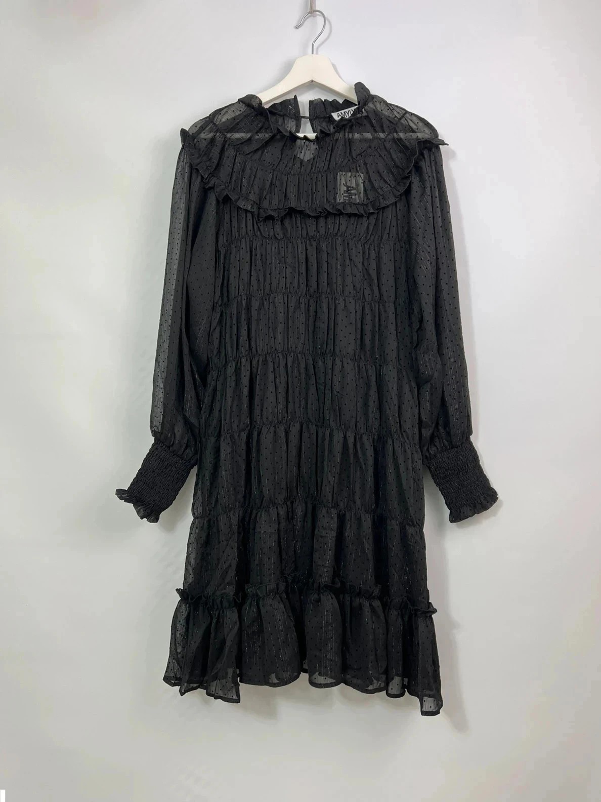 AmyLynn Ruffled High Collar.Sheer Sleeves Shirred Cuffs.Tiered. Whimsical.Size M