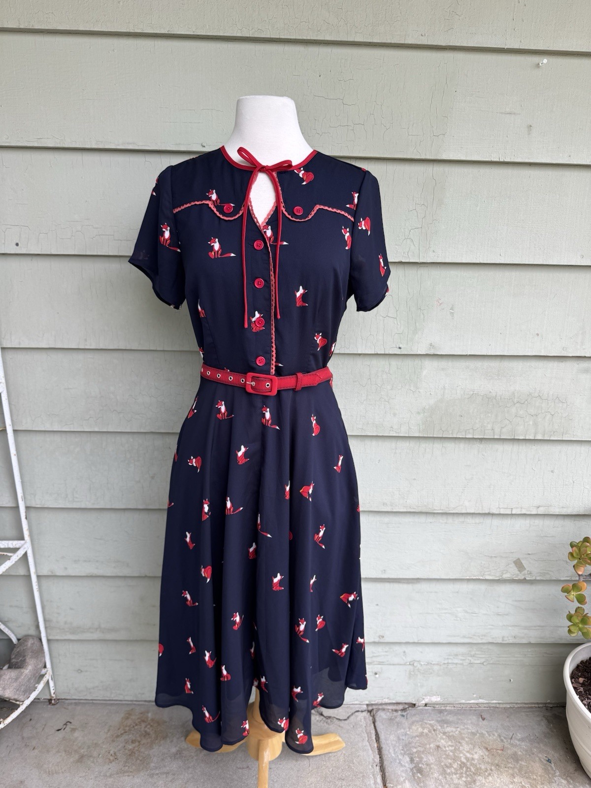 Unique Vintage Fox Print Dress Navy Blue Red Belt Pockets M 8 Rockabilly Retro