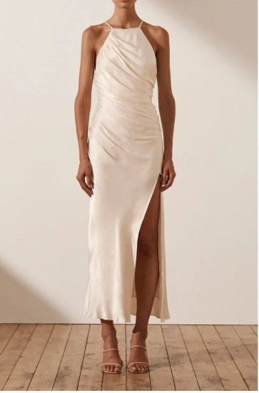 Shona Joy Core High Neck Ruched Maxi Dress US 6 Nude Bridesmaid Formal Gown