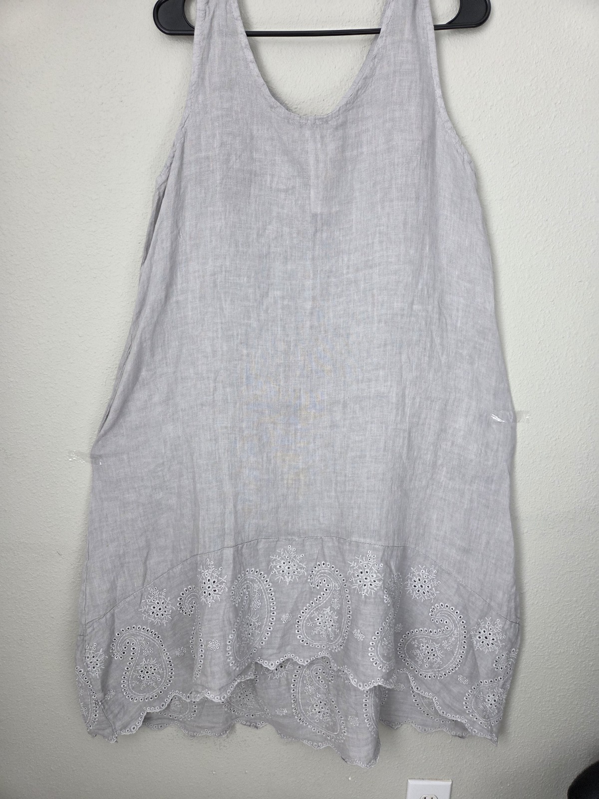 Puro Lino Dress Gray 100% Linen Braided Trim Coastal Breathable Made in Italy