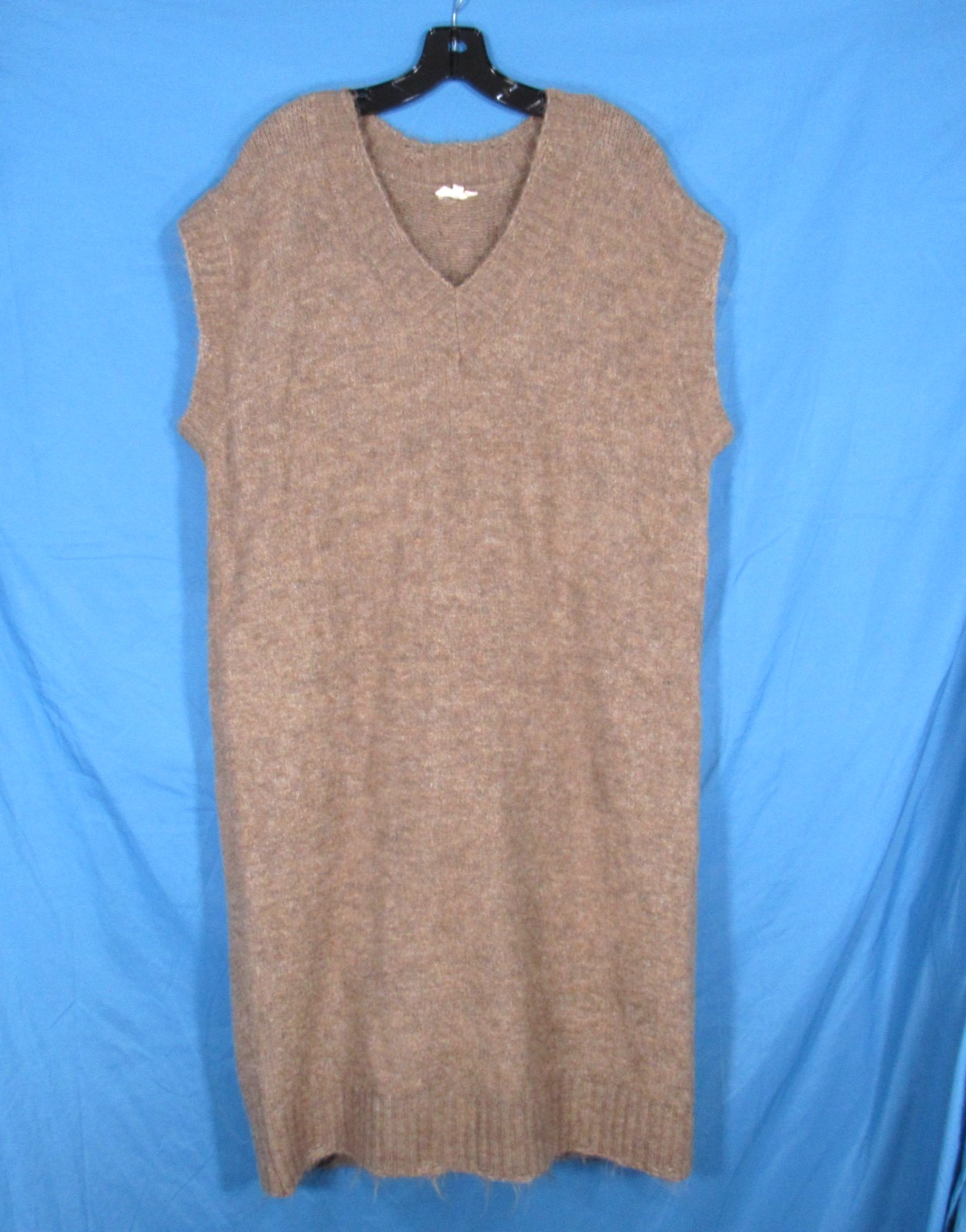 EASEL Brown SLEEVELESS V-Neck DISTRESSED TRIM Shift Midi SWEATER DRESS Sz L