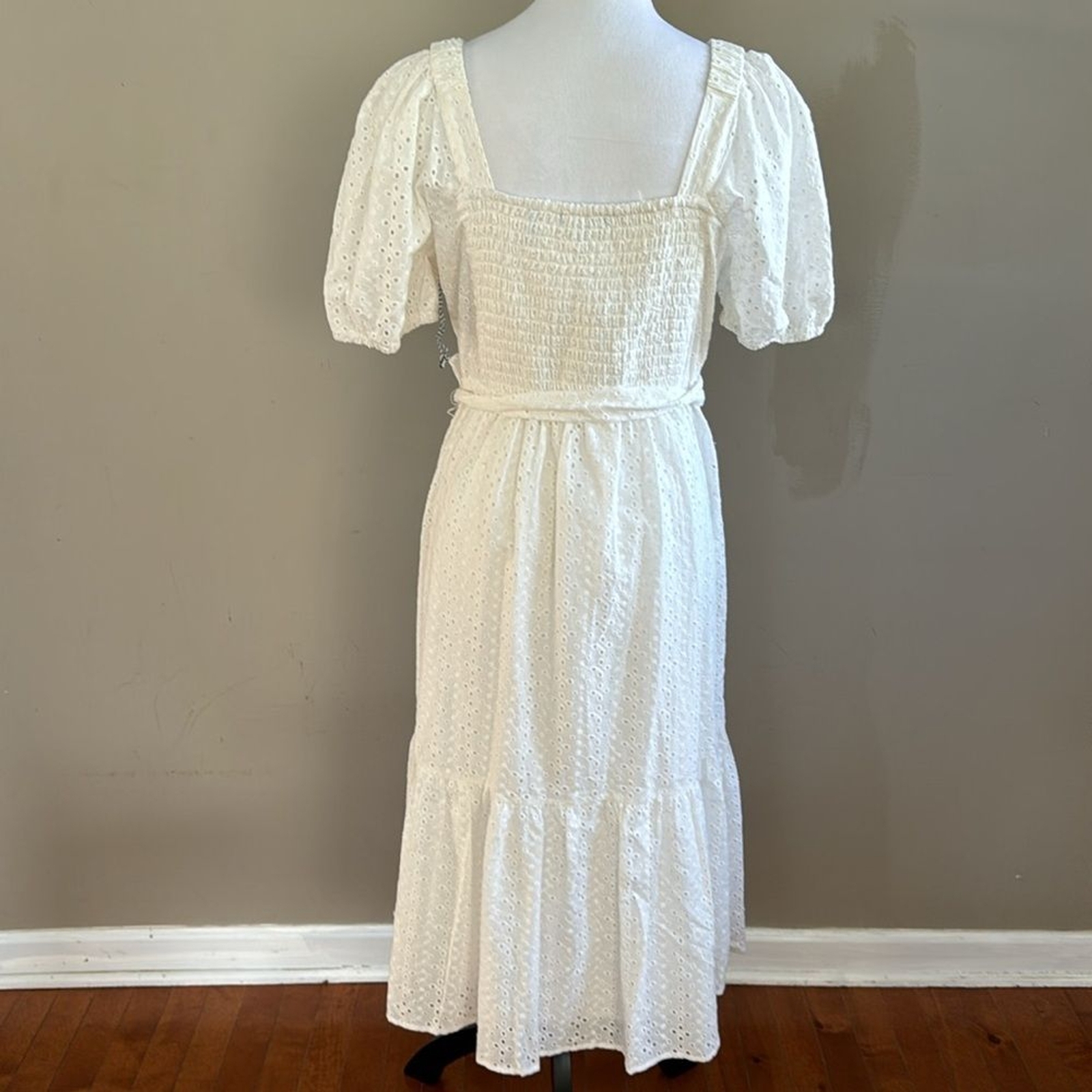 Draper James RSVP Eyelet Squareneck White Tiered Hem Midi Dress Size L