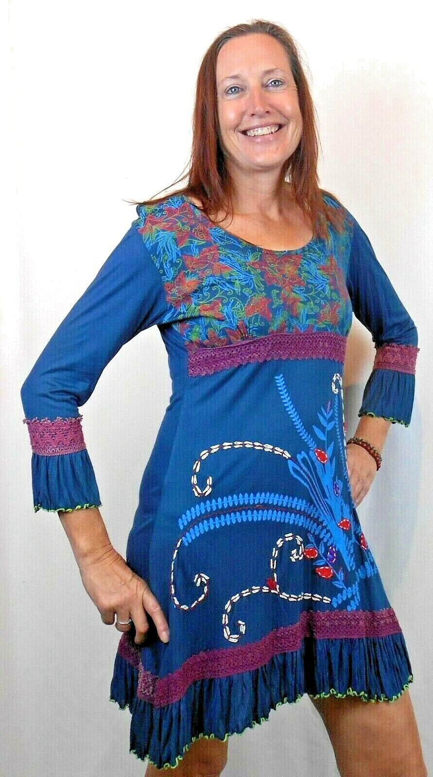 DRESS EMBROIDERED FLOWERS Rising International NEPAL HANDMADE TEAL