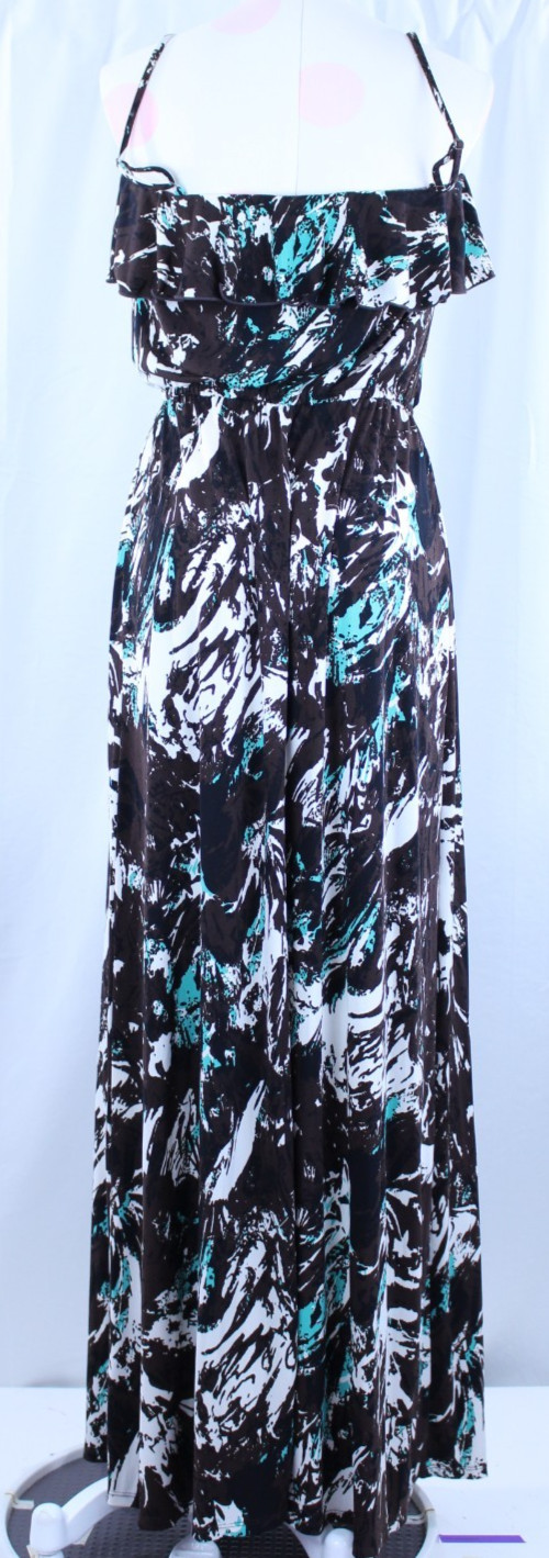 ABS Allen B Schwartz Ruffle Maxi Long Brown White Teal Adjustable Straps M
