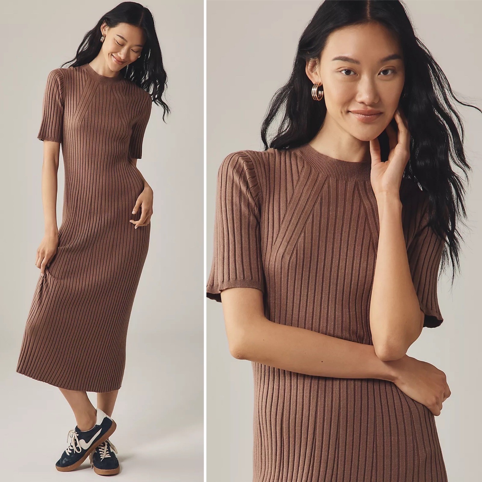 NWT Varley Midi Dress Sz L Knit Short Sleeve Ribbed Taupe $168 Anthropologie