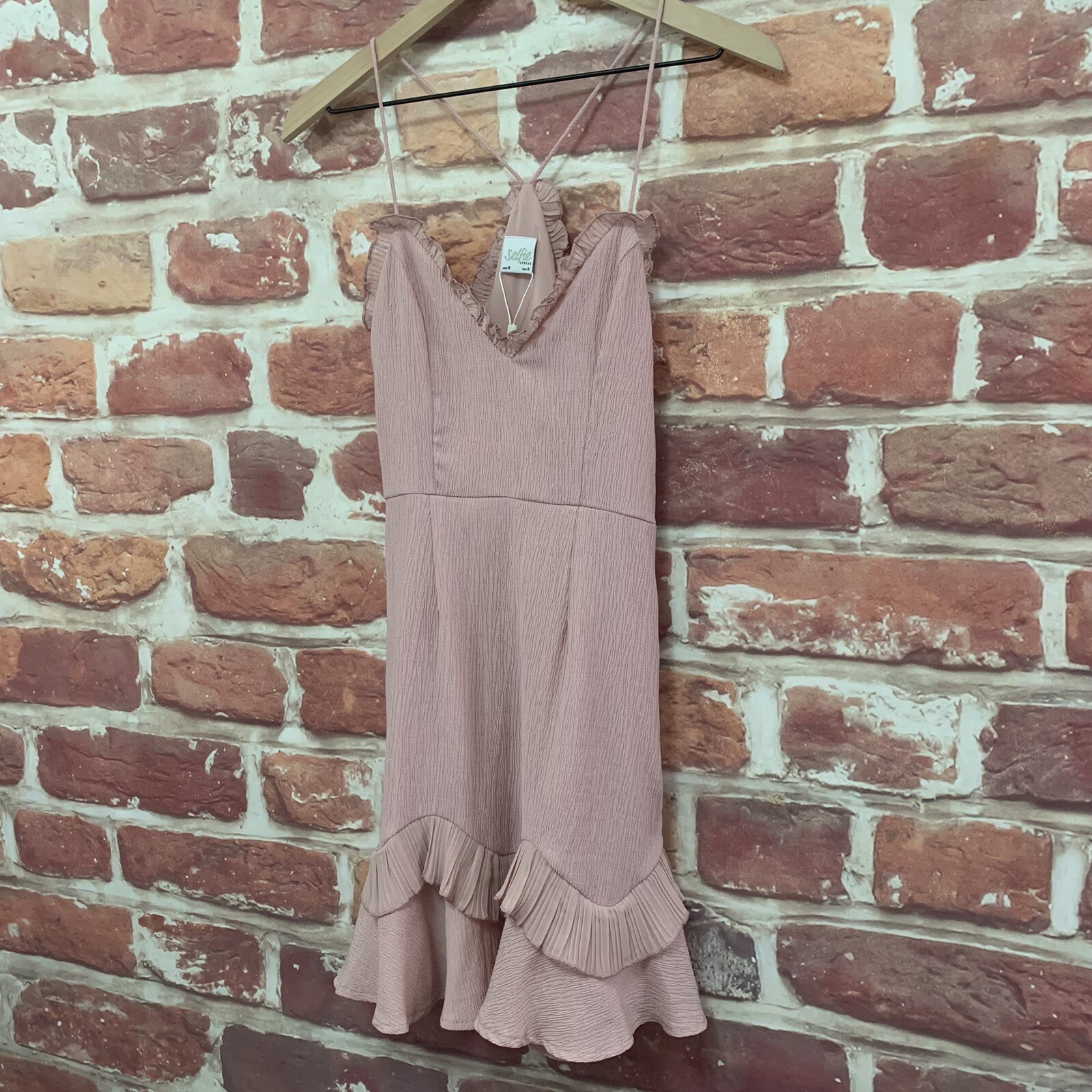 Selfie Leslie Dress Womens Small Blush Pink Crepe Ruffle Sleeveless Zip Up