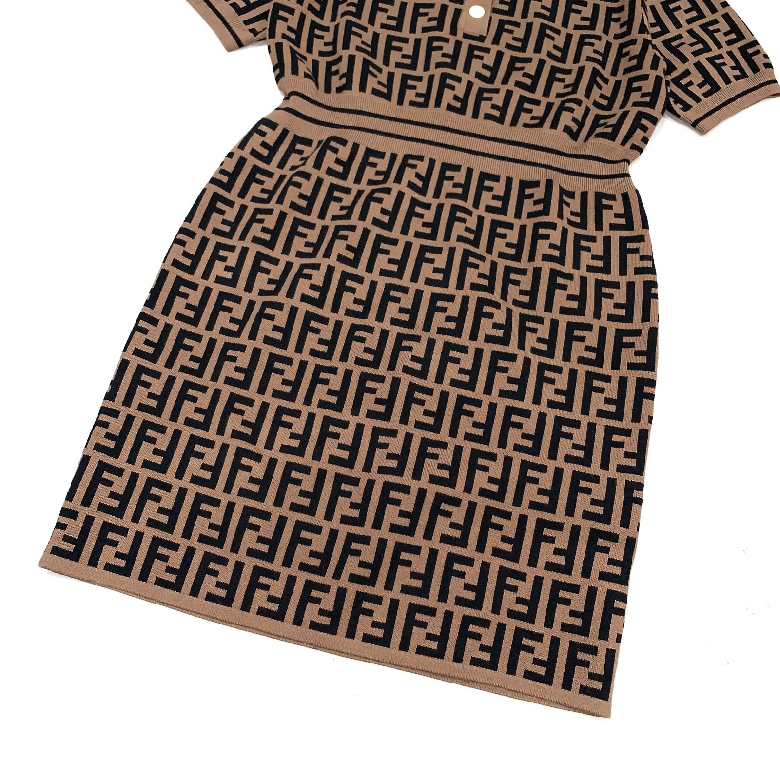 Fendi Zucca FF Monogram Logo Knitted Polo Stretched Dress Brown 38 (S) Size