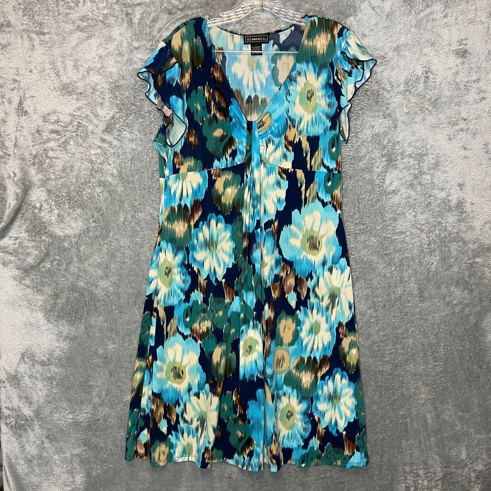 Elementz Women Artsy Floral Y2K Babydoll Flutter Sleeve Flowy Midi Dress L