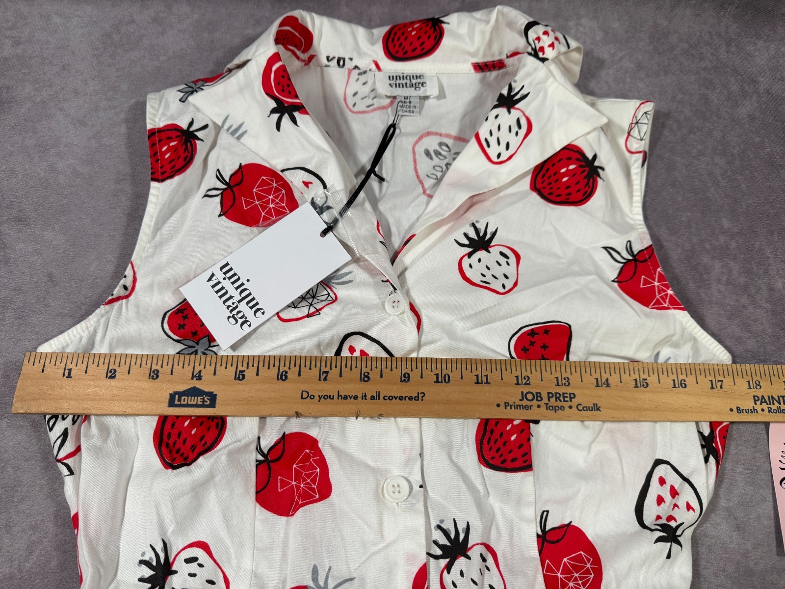 Unique Vintage MEDIUM White Strawberry Dress Retro Collared Tie Button