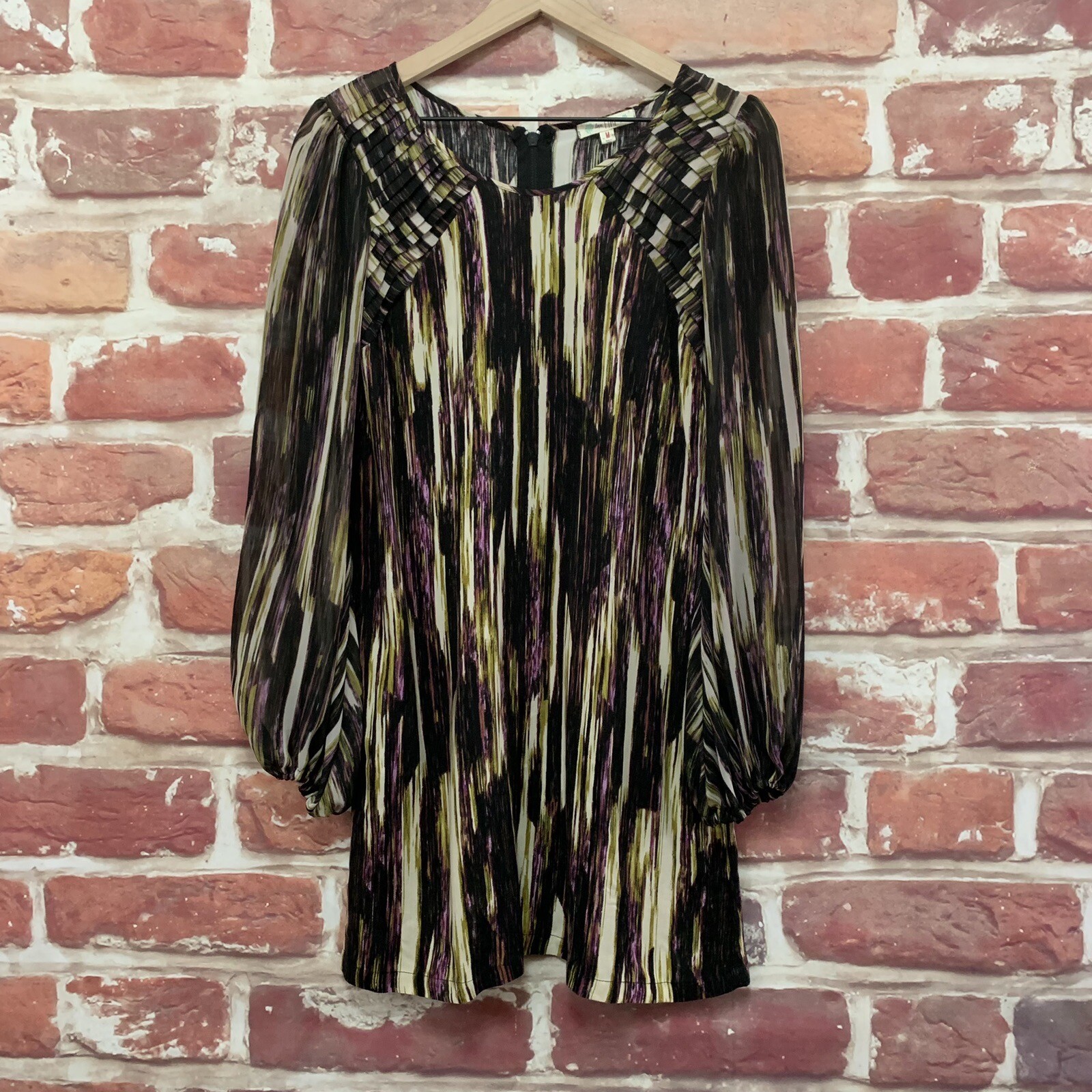 Love Fire Dress Womens Medium Purple Mustard Yellow Pleated Abstract Zip up